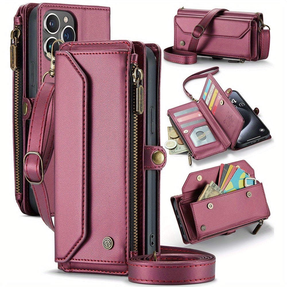 Long Lanyard PU Flip Leather Phone Case For IPhone 15 14 13 12 11Pro Max Mini XR XS 8 7 Plus SE 2022 Zipper Wallet Card Bags Cover