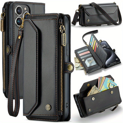 Long Lanyard PU Flip Leather Phone Case For IPhone 15 14 13 12 11Pro Max Mini XR XS 8 7 Plus SE 2022 Zipper Wallet Card Bags Cover