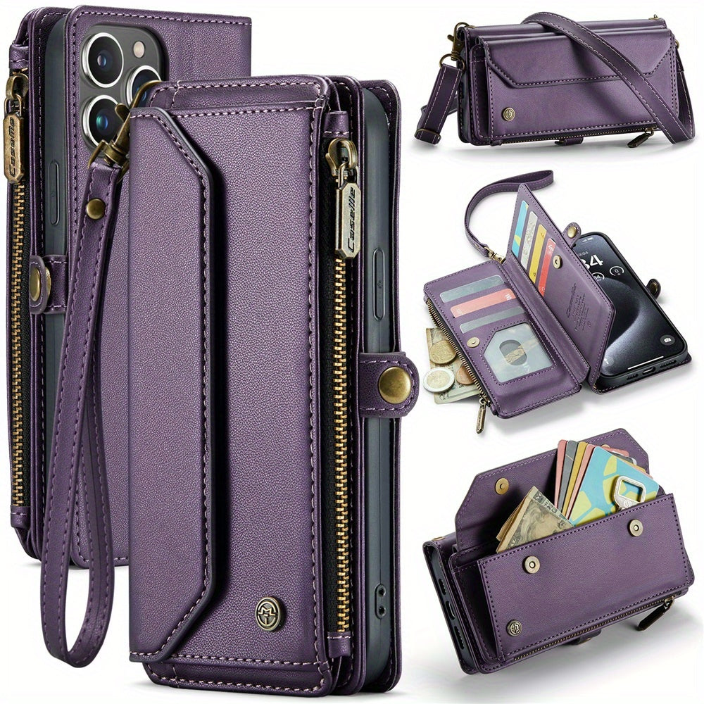 Long Lanyard PU Flip Leather Phone Case For IPhone 15 14 13 12 11Pro Max Mini XR XS 8 7 Plus SE 2022 Zipper Wallet Card Bags Cover