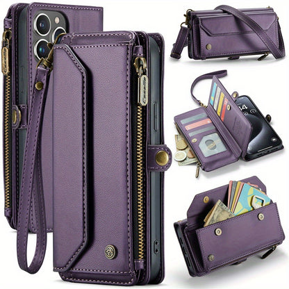 Long Lanyard PU Flip Leather Phone Case For IPhone 15 14 13 12 11Pro Max Mini XR XS 8 7 Plus SE 2022 Zipper Wallet Card Bags Cover