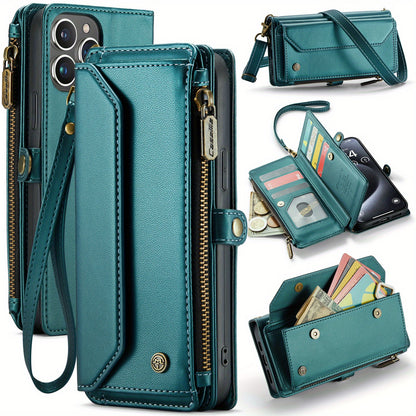 Long Lanyard PU Flip Leather Phone Case For IPhone 15 14 13 12 11Pro Max Mini XR XS 8 7 Plus SE 2022 Zipper Wallet Card Bags Cover