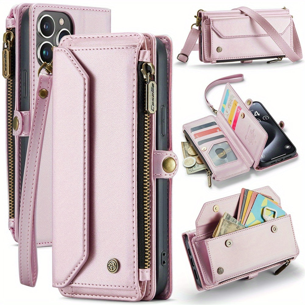 Long Lanyard PU Flip Leather Phone Case For IPhone 15 14 13 12 11Pro Max Mini XR XS 8 7 Plus SE 2022 Zipper Wallet Card Bags Cover