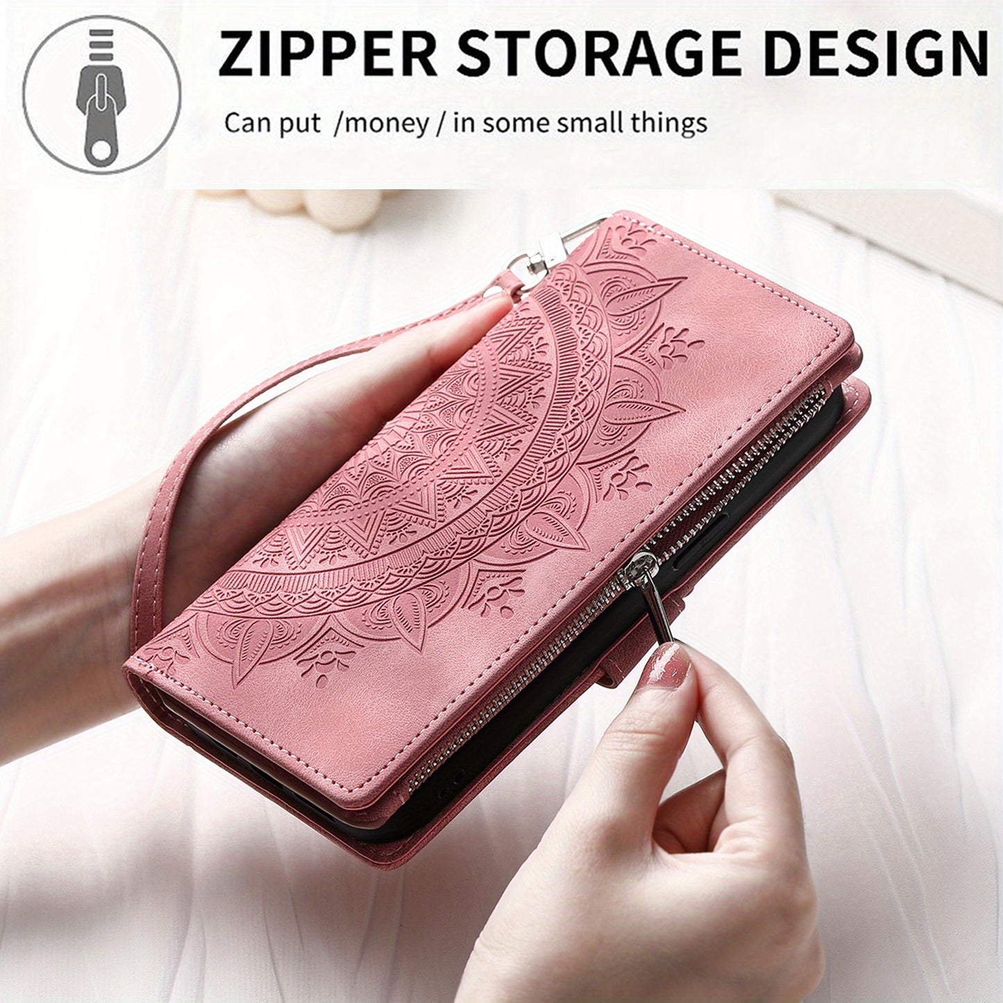 PU Leather Flip Wallet Phone Case For iPhone 15 14 13 12 Mini 11 Pro X XS Max XR 8 7 Plus SE 5G 2022 2023 Zipper Card Slots Magnetic Wrist Strap Cover