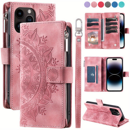 PU Leather Flip Wallet Phone Case For iPhone 15 14 13 12 Mini 11 Pro X XS Max XR 8 7 Plus SE 5G 2022 2023 Zipper Card Slots Magnetic Wrist Strap Cover