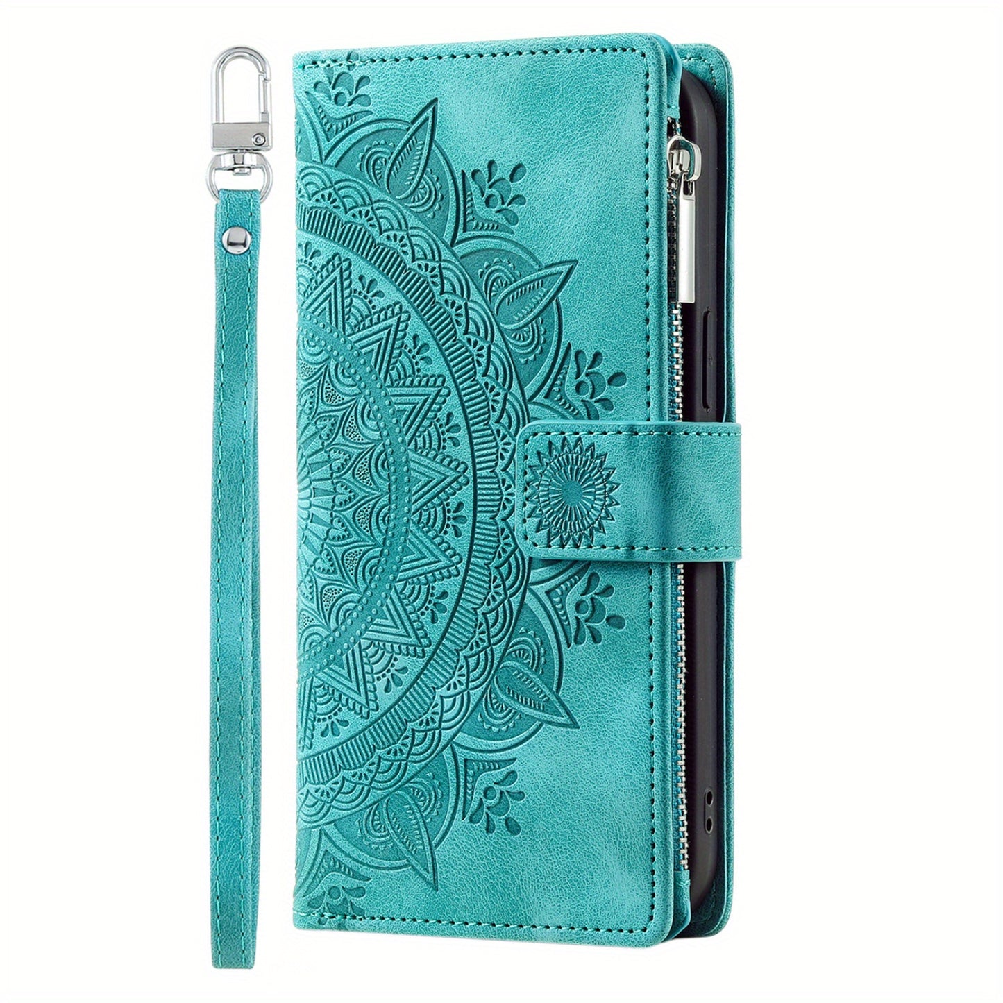 PU Leather Flip Wallet Phone Case For iPhone 15 14 13 12 Mini 11 Pro X XS Max XR 8 7 Plus SE 5G 2022 2023 Zipper Card Slots Magnetic Wrist Strap Cover