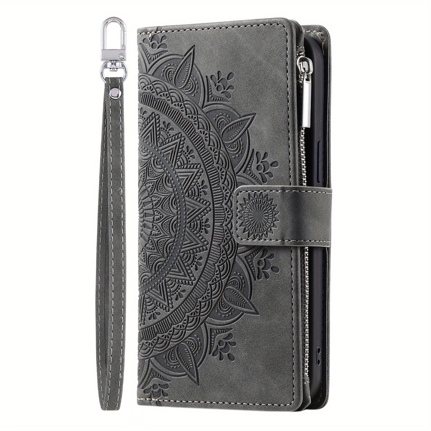 PU Leather Flip Wallet Phone Case For iPhone 15 14 13 12 Mini 11 Pro X XS Max XR 8 7 Plus SE 5G 2022 2023 Zipper Card Slots Magnetic Wrist Strap Cover