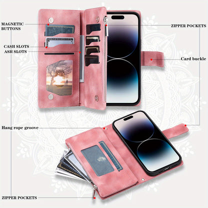 PU Leather Flip Wallet Phone Case For iPhone 15 14 13 12 Mini 11 Pro X XS Max XR 8 7 Plus SE 5G 2022 2023 Zipper Card Slots Magnetic Wrist Strap Cover