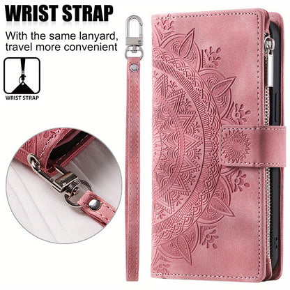 PU Leather Flip Wallet Phone Case For iPhone 15 14 13 12 Mini 11 Pro X XS Max XR 8 7 Plus SE 5G 2022 2023 Zipper Card Slots Magnetic Wrist Strap Cover