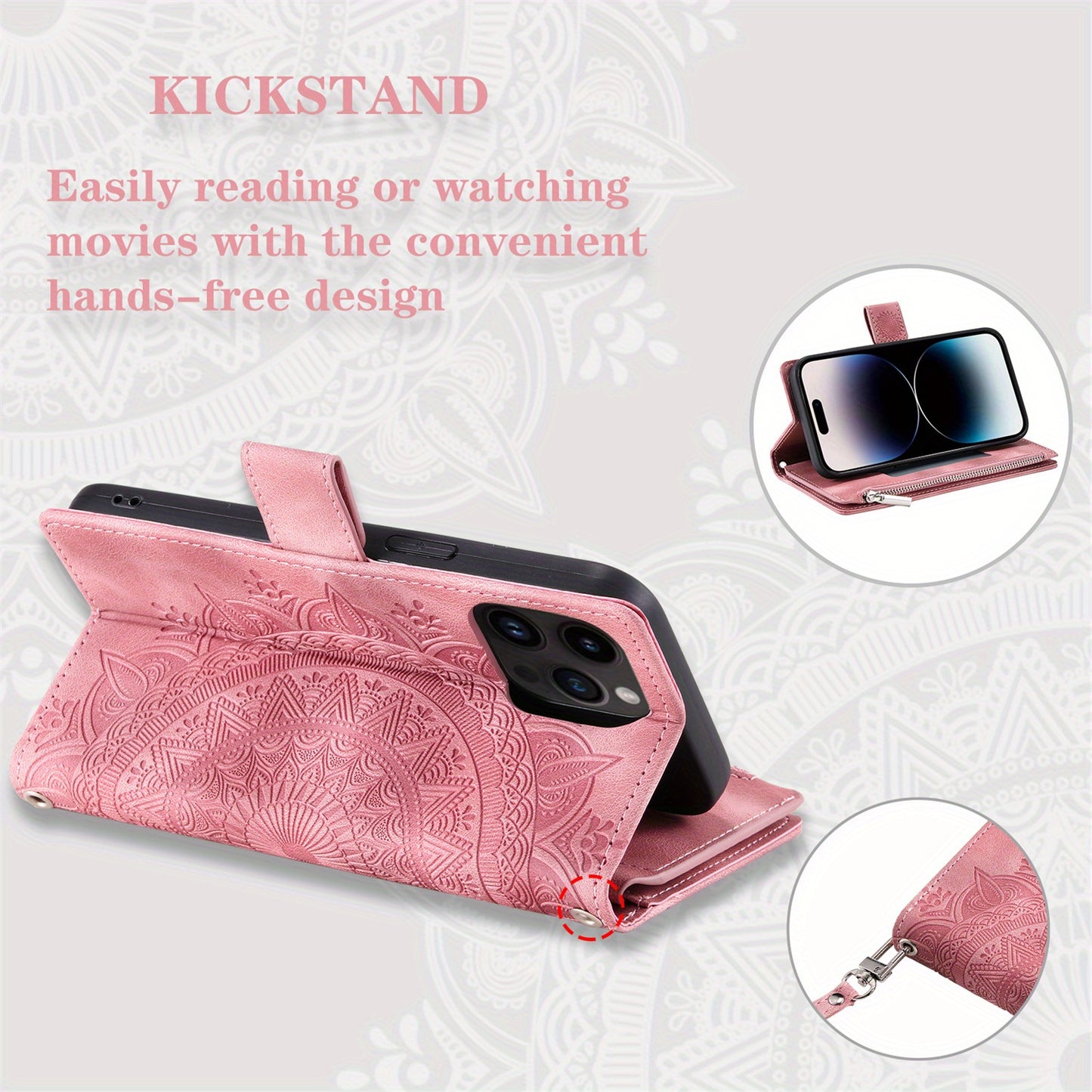 PU Leather Flip Wallet Phone Case For iPhone 15 14 13 12 Mini 11 Pro X XS Max XR 8 7 Plus SE 5G 2022 2023 Zipper Card Slots Magnetic Wrist Strap Cover