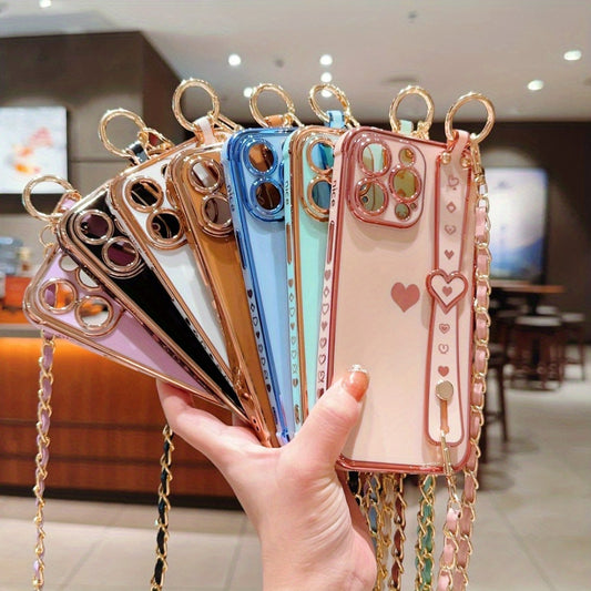 iPhone Phone Case - Dazzling Electroplated Solid Heart Accent, Stylish Heart-Shaped Wristband, Fashionable Diagonal Chain Shoulder Strap - Universally Compatible with iPhone 15, 14, 13, 12, 11 Pro, Promax, and Plus Models