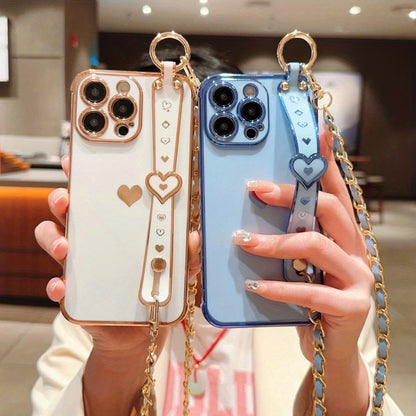 iPhone Phone Case - Dazzling Electroplated Solid Heart Accent, Stylish Heart-Shaped Wristband, Fashionable Diagonal Chain Shoulder Strap - Universally Compatible with iPhone 15, 14, 13, 12, 11 Pro, Promax, and Plus Models