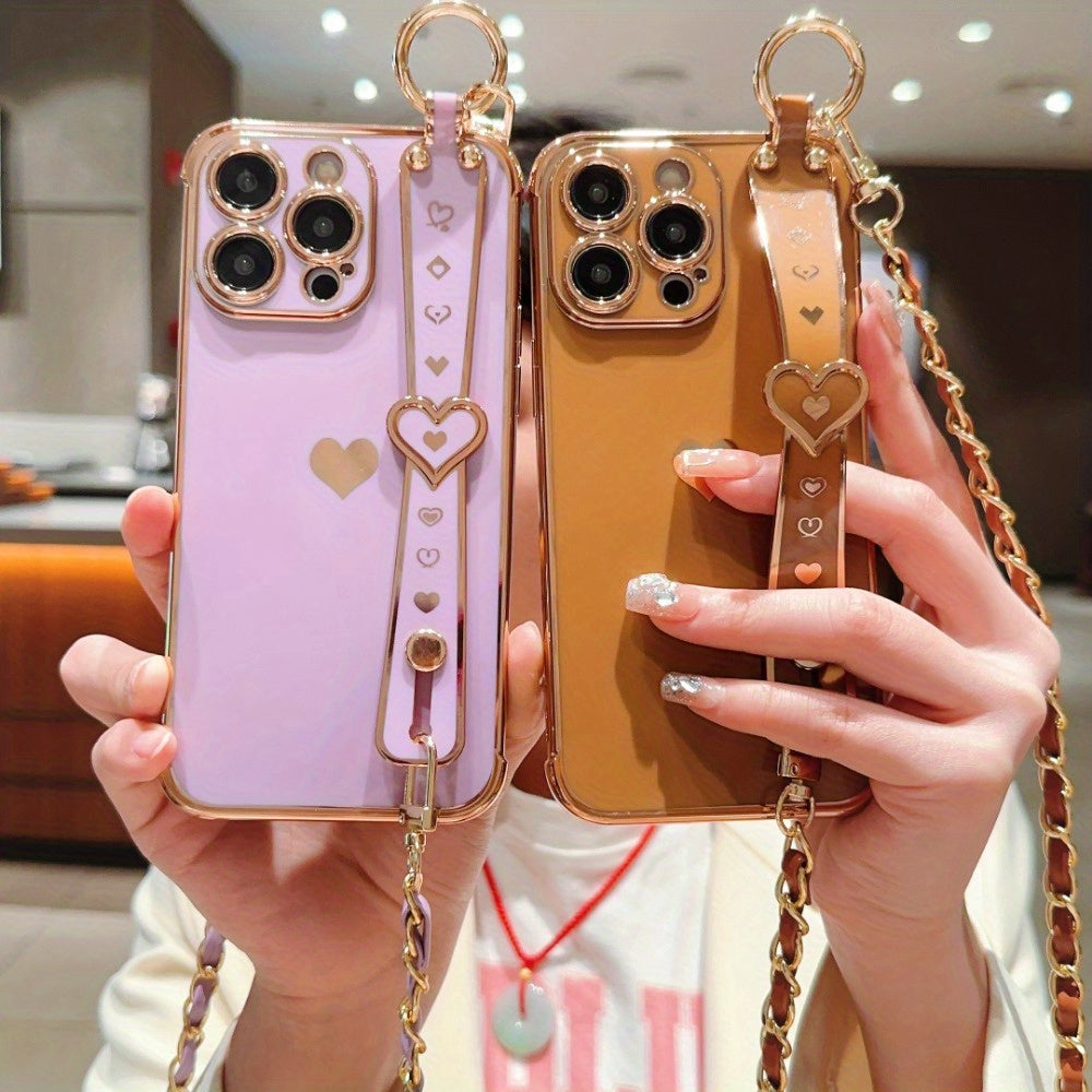 iPhone Phone Case - Dazzling Electroplated Solid Heart Accent, Stylish Heart-Shaped Wristband, Fashionable Diagonal Chain Shoulder Strap - Universally Compatible with iPhone 15, 14, 13, 12, 11 Pro, Promax, and Plus Models