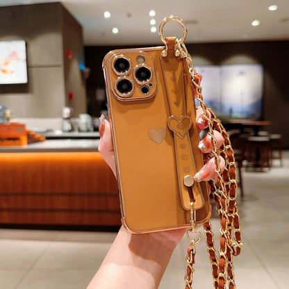 iPhone Phone Case - Dazzling Electroplated Solid Heart Accent, Stylish Heart-Shaped Wristband, Fashionable Diagonal Chain Shoulder Strap - Universally Compatible with iPhone 15, 14, 13, 12, 11 Pro, Promax, and Plus Models