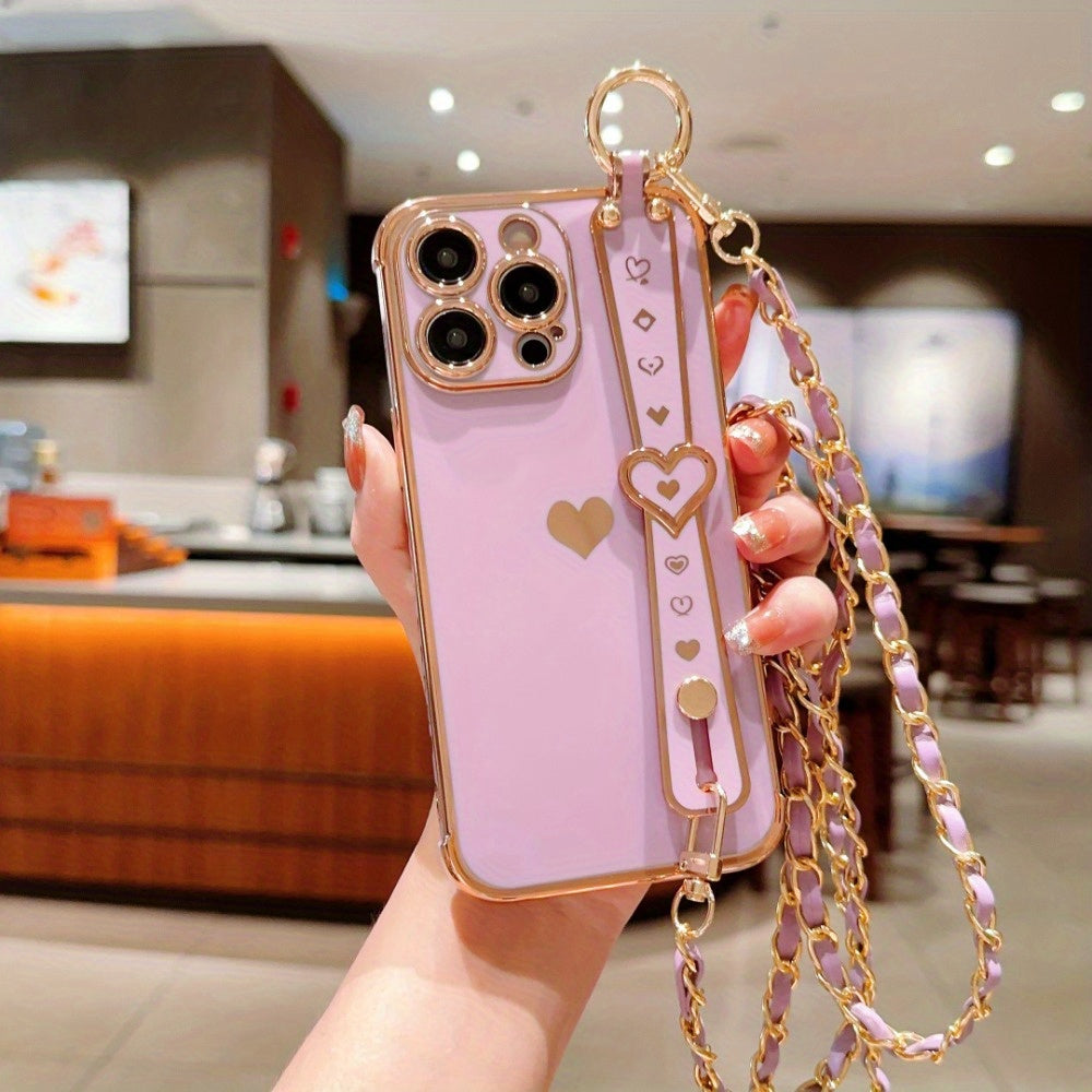 iPhone Phone Case - Dazzling Electroplated Solid Heart Accent, Stylish Heart-Shaped Wristband, Fashionable Diagonal Chain Shoulder Strap - Universally Compatible with iPhone 15, 14, 13, 12, 11 Pro, Promax, and Plus Models
