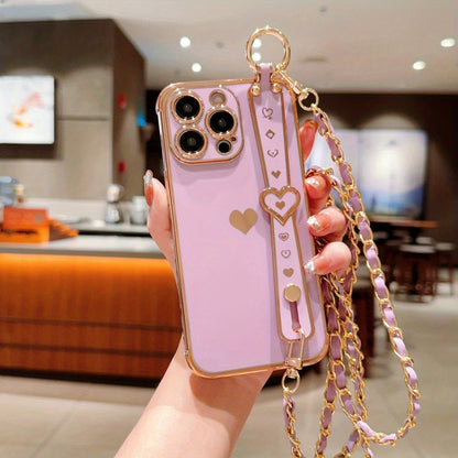 iPhone Phone Case - Dazzling Electroplated Solid Heart Accent, Stylish Heart-Shaped Wristband, Fashionable Diagonal Chain Shoulder Strap - Universally Compatible with iPhone 15, 14, 13, 12, 11 Pro, Promax, and Plus Models