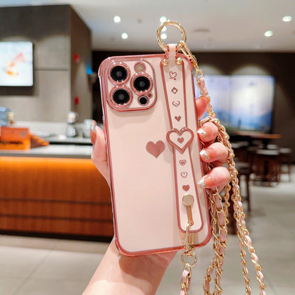 iPhone Phone Case - Dazzling Electroplated Solid Heart Accent, Stylish Heart-Shaped Wristband, Fashionable Diagonal Chain Shoulder Strap - Universally Compatible with iPhone 15, 14, 13, 12, 11 Pro, Promax, and Plus Models