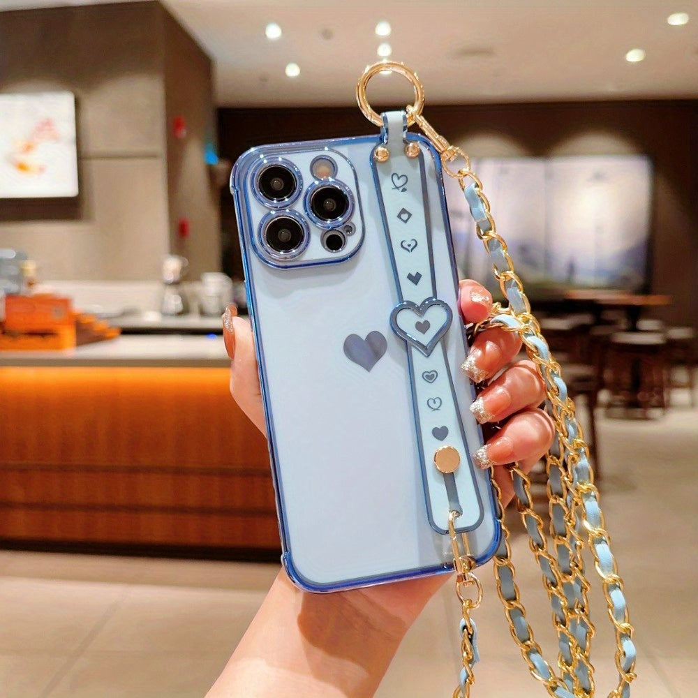 iPhone Phone Case - Dazzling Electroplated Solid Heart Accent, Stylish Heart-Shaped Wristband, Fashionable Diagonal Chain Shoulder Strap - Universally Compatible with iPhone 15, 14, 13, 12, 11 Pro, Promax, and Plus Models