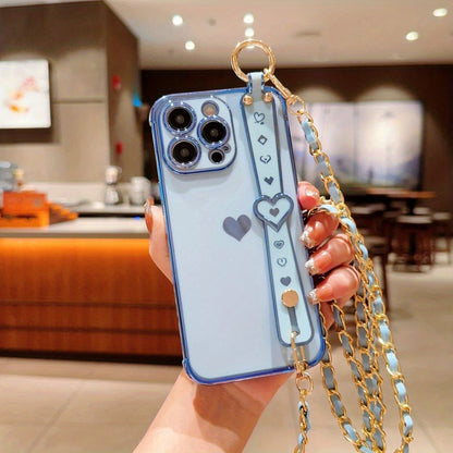 iPhone Phone Case - Dazzling Electroplated Solid Heart Accent, Stylish Heart-Shaped Wristband, Fashionable Diagonal Chain Shoulder Strap - Universally Compatible with iPhone 15, 14, 13, 12, 11 Pro, Promax, and Plus Models