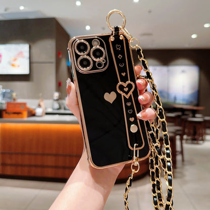 iPhone Phone Case - Dazzling Electroplated Solid Heart Accent, Stylish Heart-Shaped Wristband, Fashionable Diagonal Chain Shoulder Strap - Universally Compatible with iPhone 15, 14, 13, 12, 11 Pro, Promax, and Plus Models