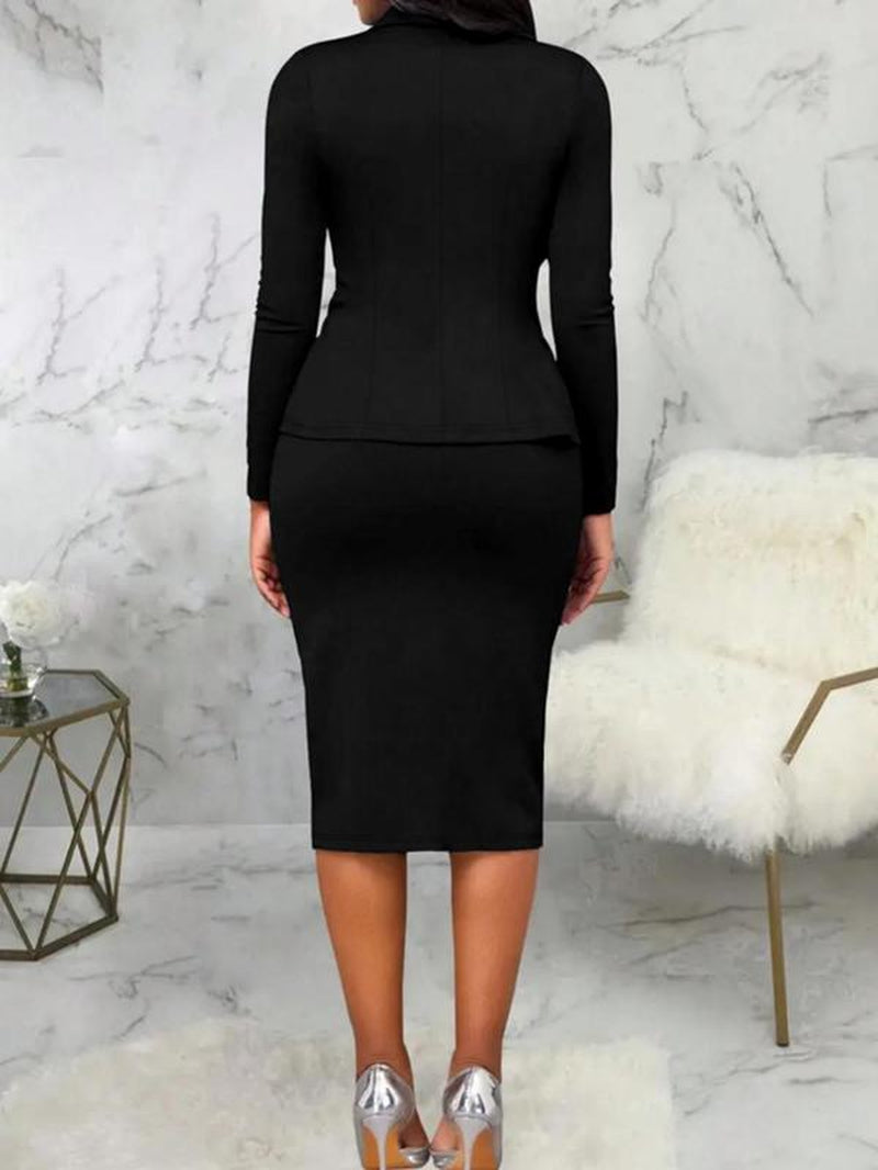 Two-Piece Set Women'S Solid Color Button Front Pocket Blazer & Skirt Set, Elegant Lapel Neck Long Sleeve Outerwear & Pencil Skirt for Work Office Business, Ladies Fall & Winter Clothes