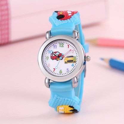 1pc Boys Girls Teen Cute Car Print Round Dial Quartz Watch For Gift Daily Life