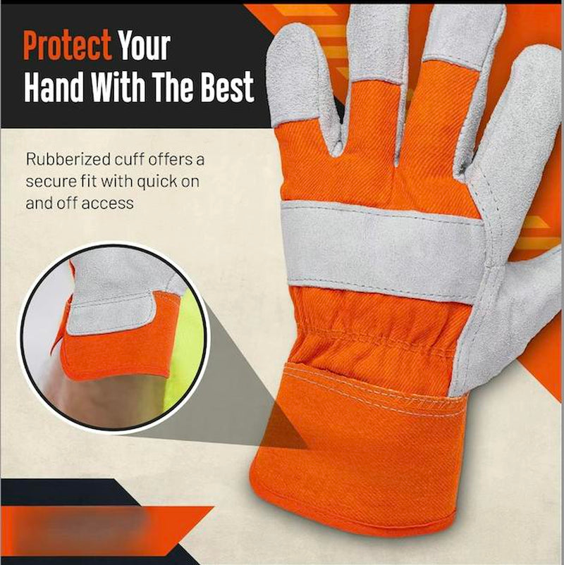 Leather Work Gloves for Men - Heavy Duty Premium Split Cowhide Leather Palm Working Gloves for Construction, Equipment Operation, Demolition, Landscaping, & DIY Projects