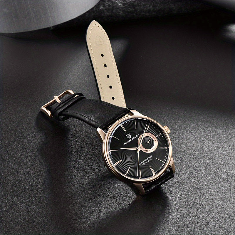 PAGAN DESIGN Fashion Casual Sports Watch Men Stainless Steel Waterproof Quartz Watch Leather Strap