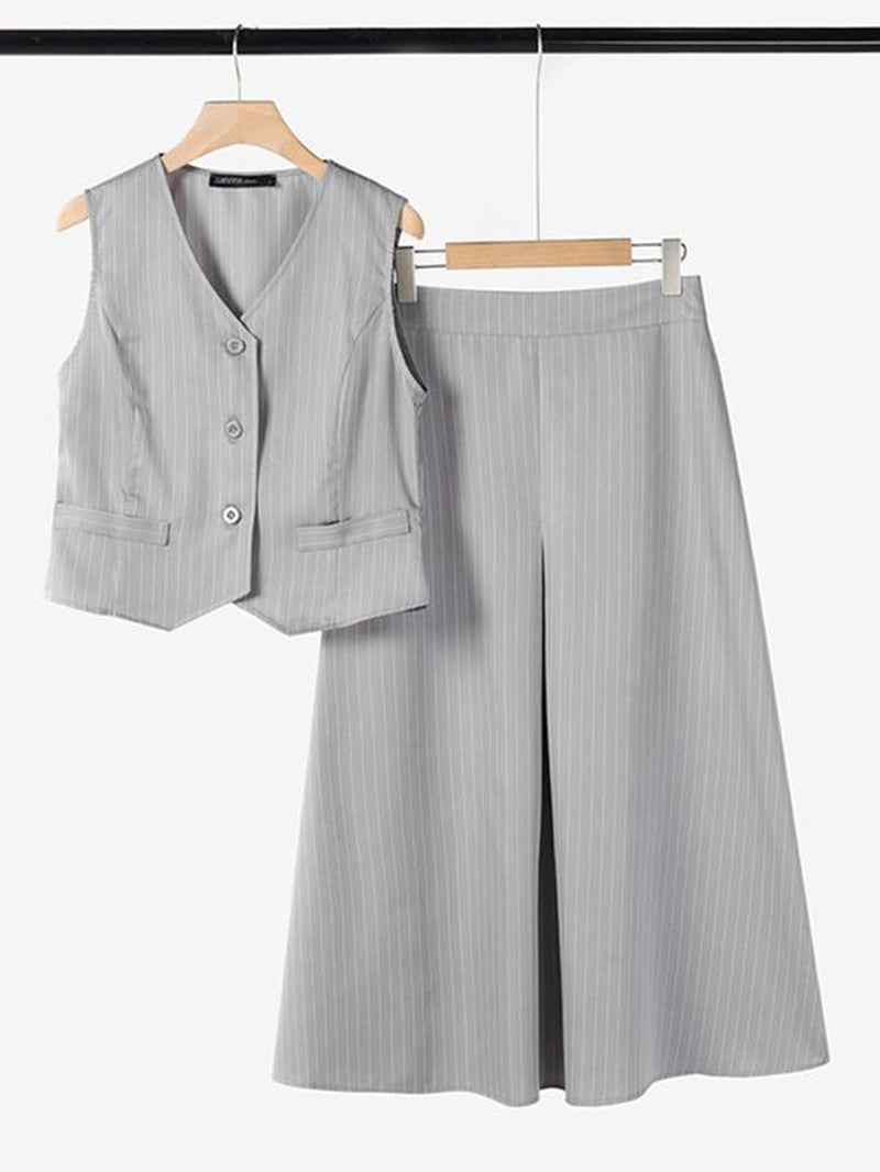 Women'S Striped Print Vest & High Waist Skirt Two-Piece Set, Casual Sleeveless Button Front Top & a Line Skirt for Work Office Business, Ladies Summer Clothes