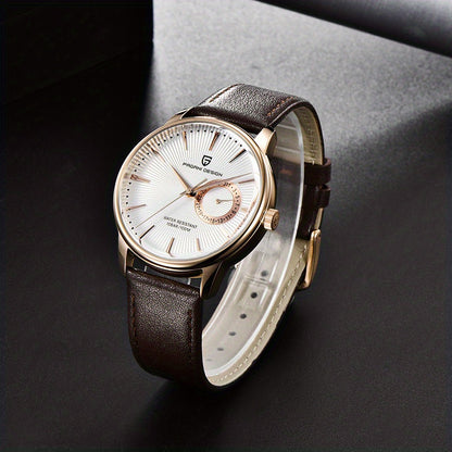 PAGAN DESIGN Fashion Casual Sports Watch Men Stainless Steel Waterproof Quartz Watch Leather Strap
