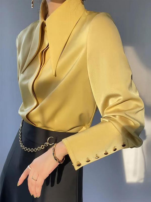Women'S Solid Color Satin Blouse, Elegant Casual Long Sleeve Collared Top for Work Office Business, Ladies Fall & Winter Clothes