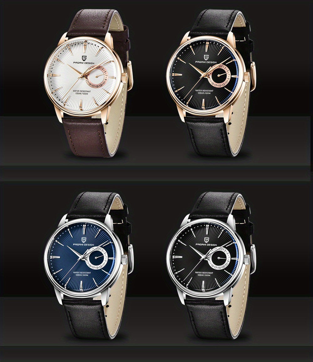 PAGAN DESIGN Fashion Casual Sports Watch Men Stainless Steel Waterproof Quartz Watch Leather Strap