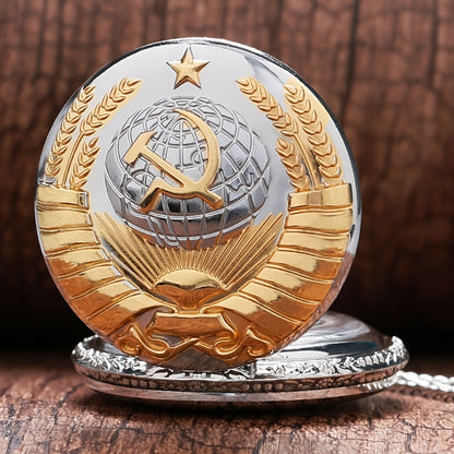Vintage-Style Round-Shaped Stainless Steel Pocket Watch with Hammer Sickle Emblem - Electronic Quartz Movement, Pointer Display, Retro Design - Unique Collectible Accessory