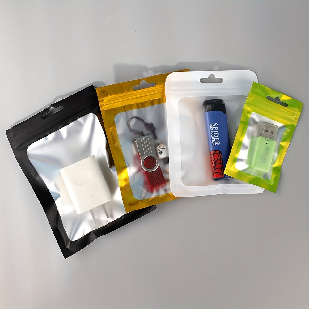 100-Pack Holographic Zipper Lock Resealable Bags, Moisture-Proof Aluminum Foil Polyester Film Flat Transparent Window Pouch for Electronics/Jewelry/Cosmetics Organization, 4 Size Options, Non-food contact