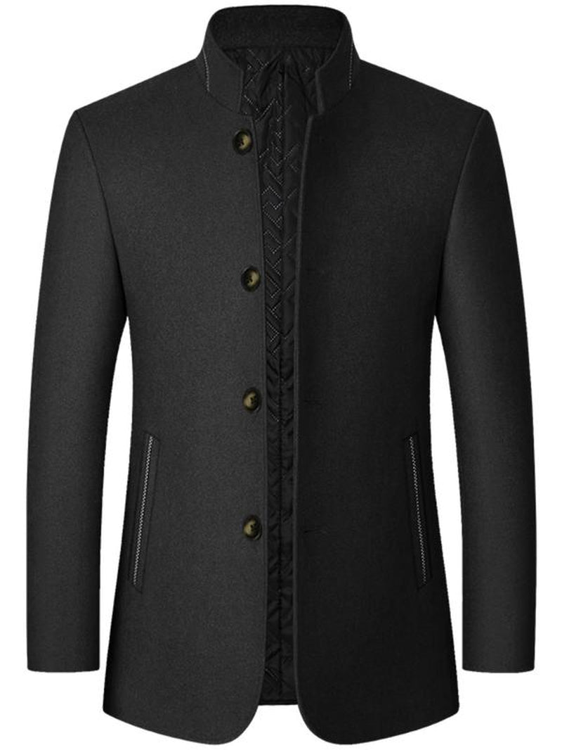 Men'S Solid Color Woolen Coat, Regular Fit Elegant Style Casual Cozy Long Sleeve Button Front Outerwear for Fall & Winter, Men'S Clothes for Daily Wear, Work Office Jacket