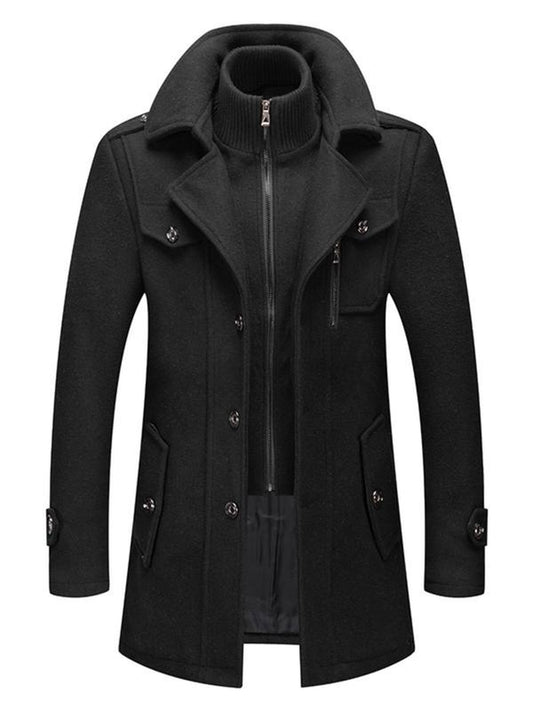 Men'S Solid Button Front Pocket Zipper Wool Coat, Regular Fit Long Sleeve Lapel Neckline Outerwear for Fall & Winter, Men'S Clothes for Business Work Daily Wear