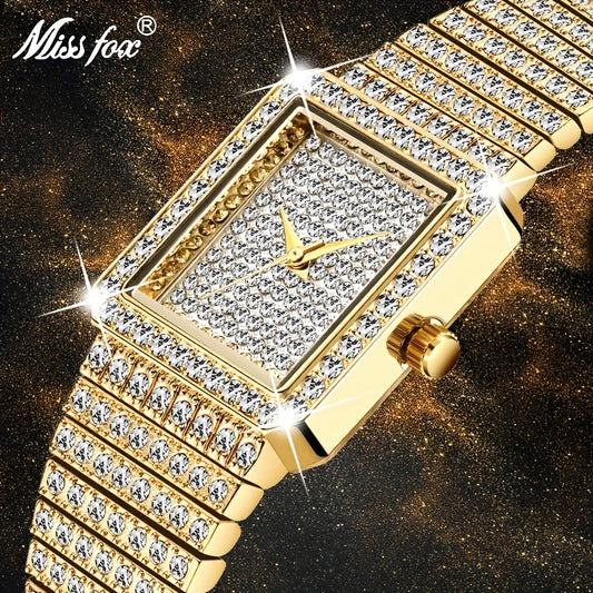 MISSFOX Lady's Diamond Watch Luxury Brand Women's Golden Square Watch Minimalist Analog Quartz Movt Unique Women's Ice Watch