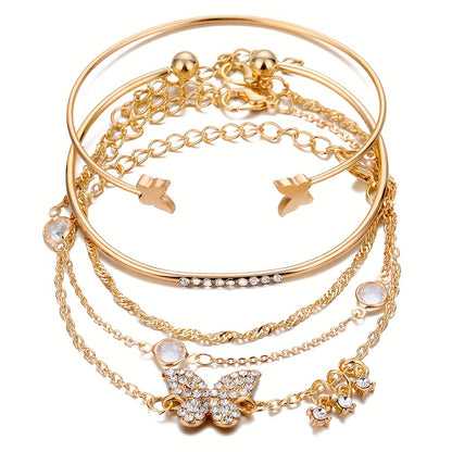 5pcs Elegant Alloy Bracelet Set with Rhinestone Butterfly Charms, Simple Daily & Gift Occasion Jewelry, All-Season Accessory