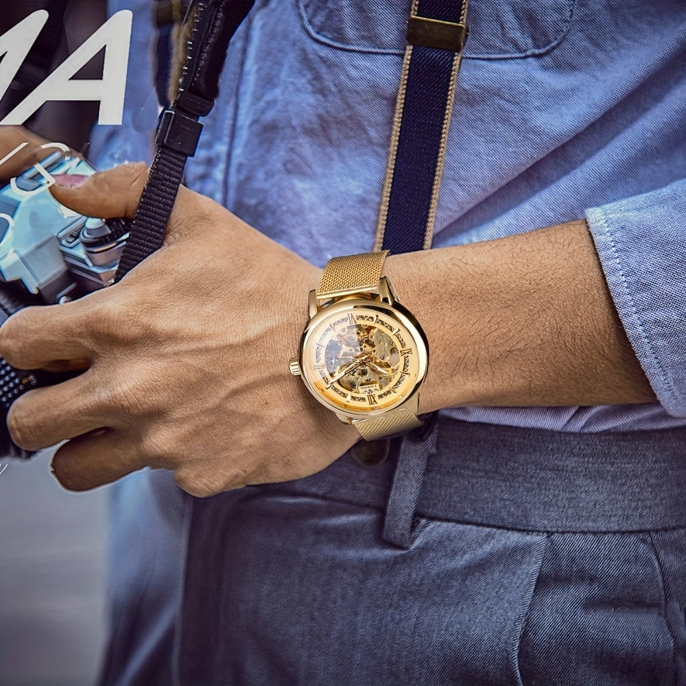 Stainless Steel Automatic Mens Watch - Fashionable Hollow Design, Mesh Strap, Water-resistant for Business & Casual Wear