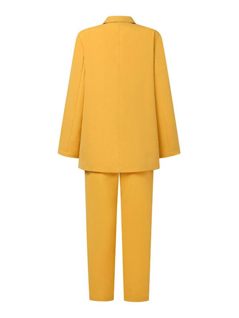 Two-Piece Set Women'S Plain Double Button Lapel Blazer & Elastic Waist Suit Pants Set, Elegant Fashion Casual Outfits for Work Office Business, Ladies Fall & Winter Clothes