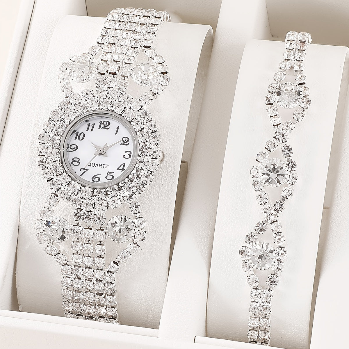 2pcs/set Women's Watch Luxury Rhinestone Quartz Bracelet Watch Elegant Analog Wrist Watch & Bracelet, Gift For Mom Her