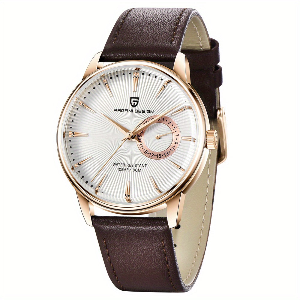 PAGAN DESIGN Fashion Casual Sports Watch Men Stainless Steel Waterproof Quartz Watch Leather Strap