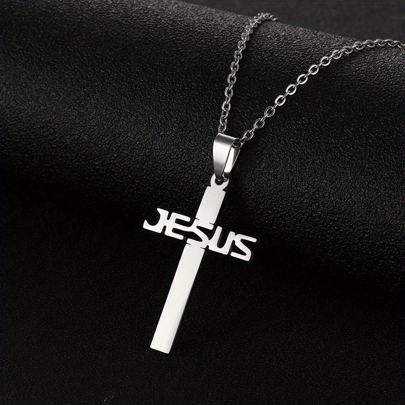 1pc Jesus Letter Cross Pendant Necklace, Stainless Steel Personality Design Fashion Metal Necklace Jewelry Gift