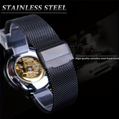 Stainless Steel Automatic Mens Watch - Fashionable Hollow Design, Mesh Strap, Water-resistant for Business & Casual Wear