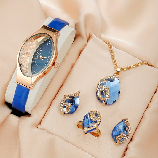 5pcs/set Women's Watch Quicksand Oval Pointer Quartz Watch Analog PU Leather Wrist Watch & Jewelry Set, Gift For Mom Her