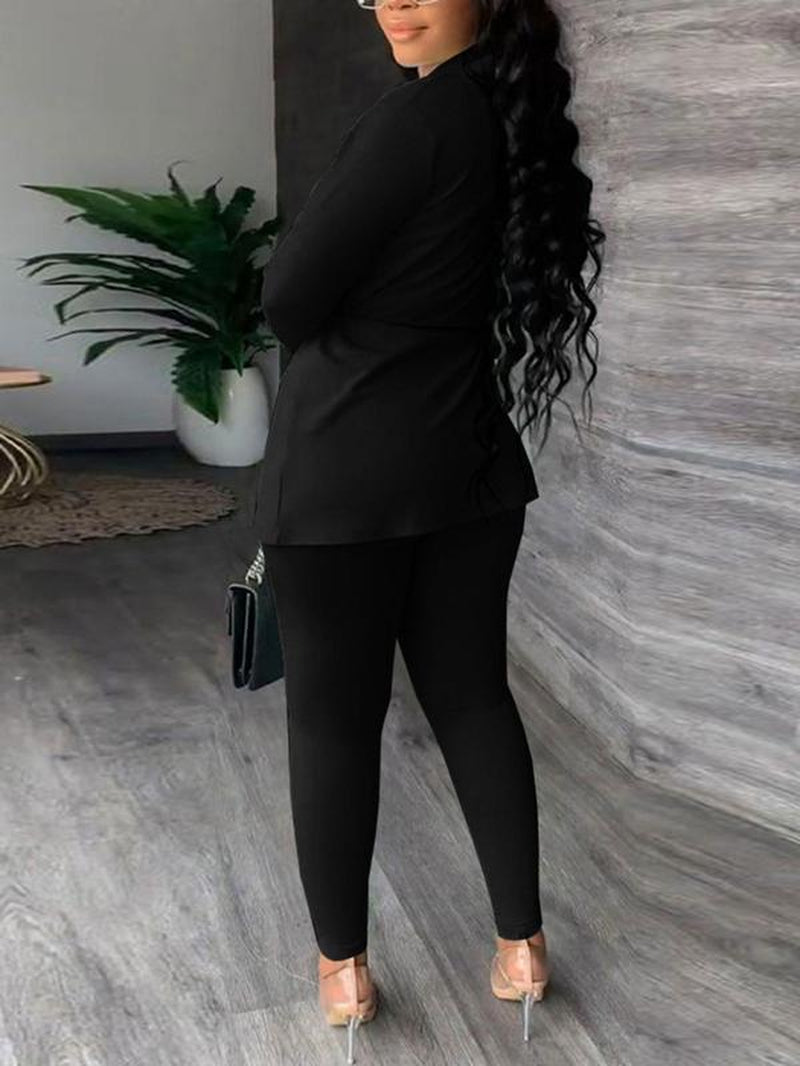 Women'S Solid Two-Piece Set, 2 Counts Tie Front Collared Outerwear & Pants Set, Elegant Fashion Casual Two-Piece Outfits for Work Office Business, Ladies Spring & Fall Clothes