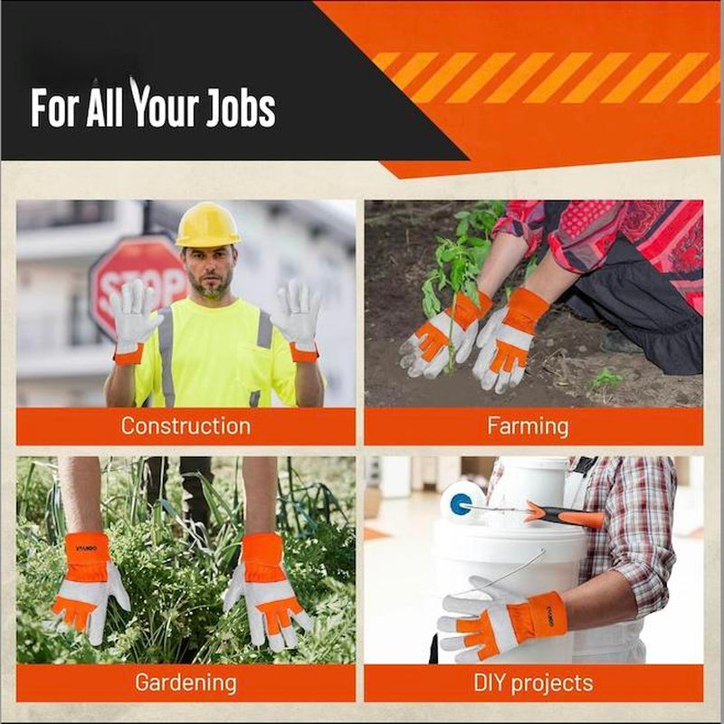 Leather Work Gloves for Men - Heavy Duty Premium Split Cowhide Leather Palm Working Gloves for Construction, Equipment Operation, Demolition, Landscaping, & DIY Projects