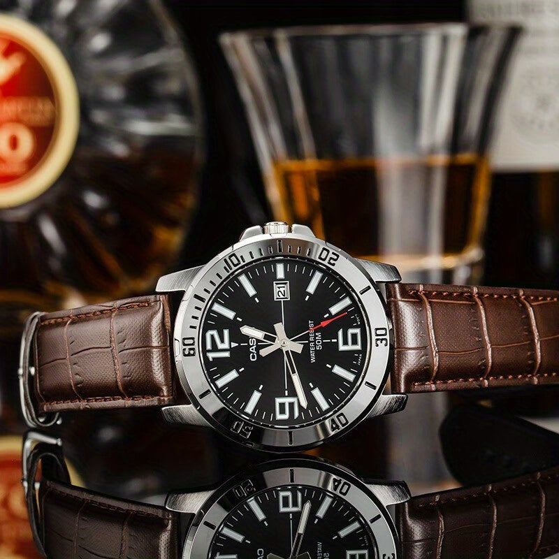 CASIO Authentic Quartz Watch - Original Design with Calendar, 50M Water Resistant, Analog Dial - Stylish Genuine Leather Strap for Men and Women