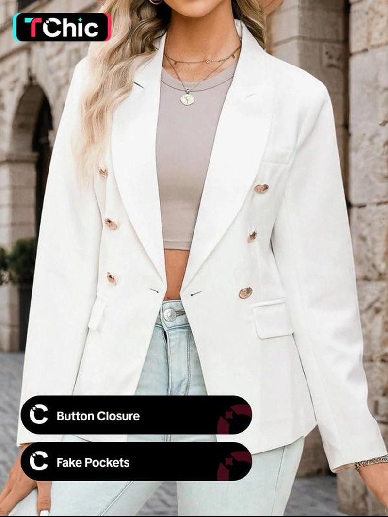 Women'S Solid Double Button Blazer without Tee, Elegant Long Sleeve Lapel Neck Button Front Blazer for Work Office Business, Ladies Spring & Fall Clothes