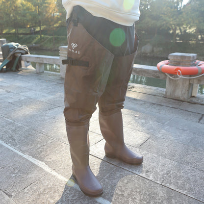 Waterproof Nylon PVC Coating Hip Wader - 1 Pair Brown Outdoor Pants for Farming/Fishing - Drying Hook and Waterproof Phone Case