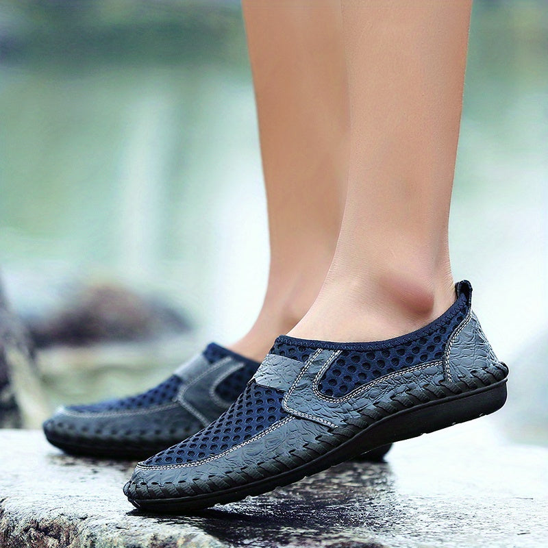 Mens Breathable Lightweight Solid Color Round Toe Slip-On Loafers - Wear-Resistant Non-Slip Rubber Sole, EVA Insole, Fabric Upper for Comfortable Walking, Hiking, Spring and Summer Outdoor Activities